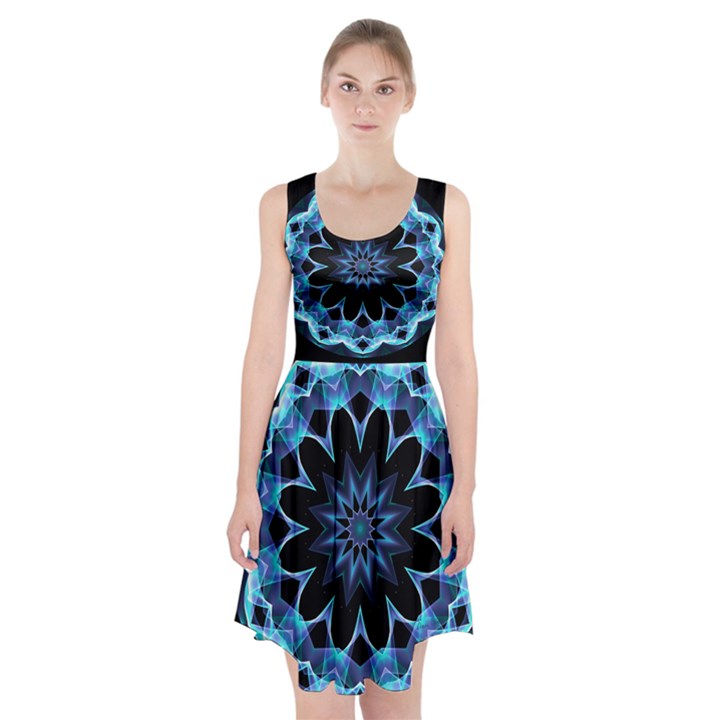 Crystal Star, Abstract Glowing Blue Mandala Racerback Midi Dress