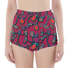 Red Floral Pattern High-waisted Bikini Bottoms by Valentinaart