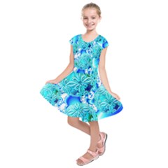 Blue Ice Crystals, Abstract Aqua Azure Cyan Kids  Short Sleeve Dress by DianeClancy