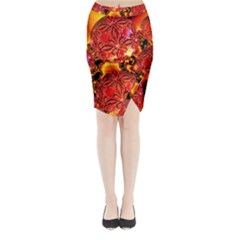  Flame Delights, Abstract Red Orange Midi Wrap Pencil Skirt by DianeClancy