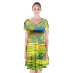 Golden Days, Abstract Yellow Azure Tranquility Short Sleeve V-neck Flare Dress by DianeClancy