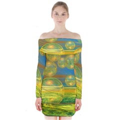 Golden Days, Abstract Yellow Azure Tranquility Long Sleeve Off Shoulder Dress by DianeClancy