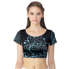 Elegant Blue Christmas Tree Black Background Short Sleeve Crop Top (tight Fit)