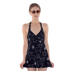 Black Xmas Pattern Halter Swimsuit Dress