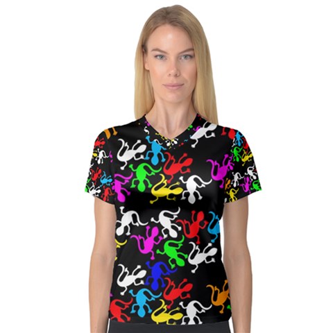 Colorful Lizards Pattern Women s V-neck Sport Mesh Tee by Valentinaart