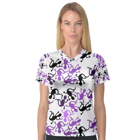 Lizards Pattern - Purple Women s V-neck Sport Mesh Tee by Valentinaart