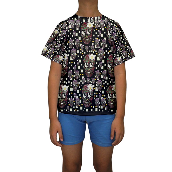 Floral Skulls With Sugar On Kids  Short Sleeve Swimwear