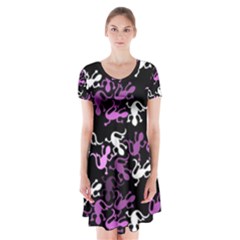 Magenta Lizards Pattern Short Sleeve V-neck Flare Dress by Valentinaart