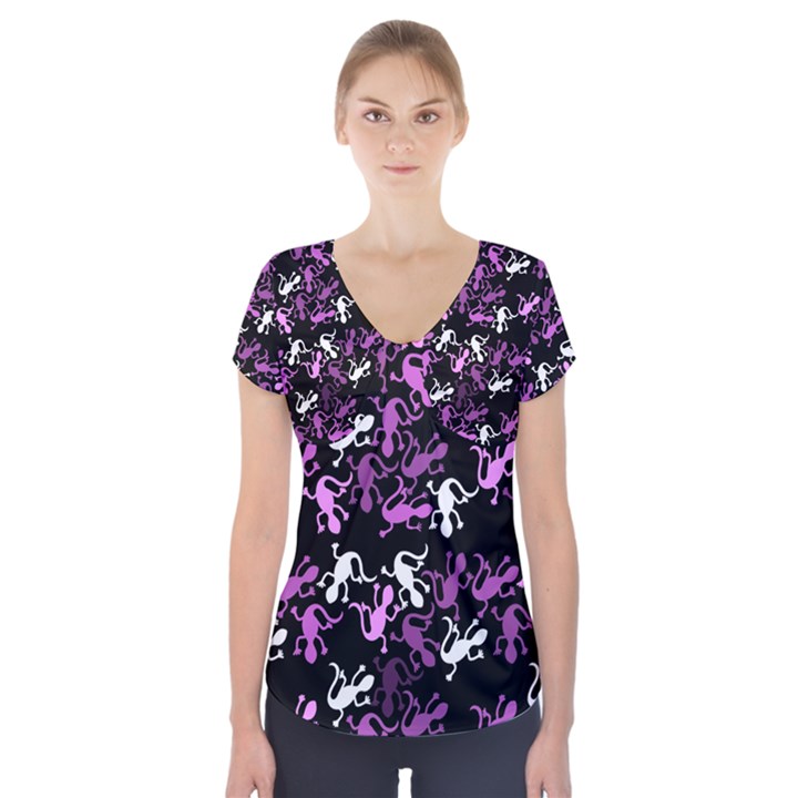 Magenta Lizards pattern Short Sleeve Front Detail Top