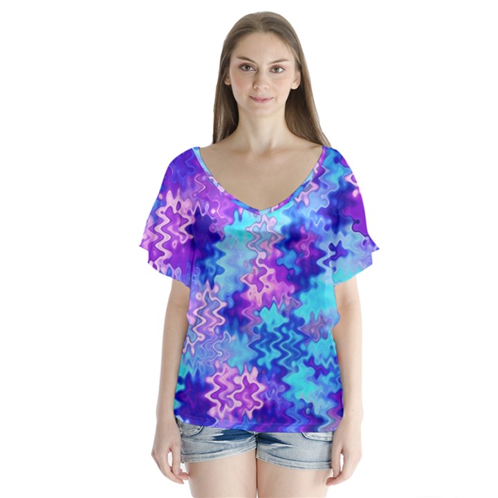 Blue and Purple Marble Waves Flutter Sleeve Top