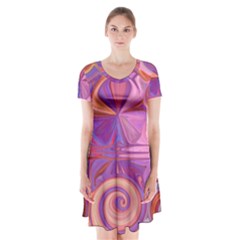 Candy Abstract Pink, Purple, Orange Short Sleeve V-neck Flare Dress