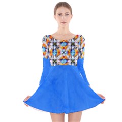 Blue With Colorful Abstract Design  Long Sleeve Velvet Skater Dress