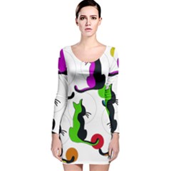 Colorful Abstract Cats Long Sleeve Velvet Bodycon Dress by Valentinaart