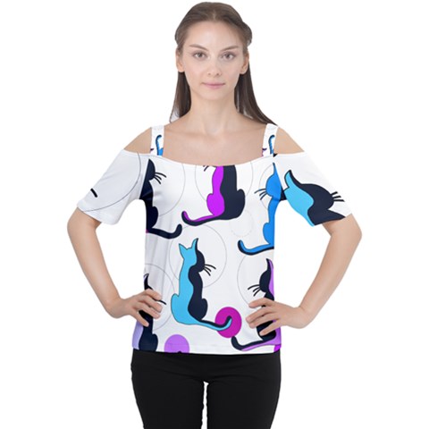 Purple Abstract Cats Women s Cutout Shoulder Tee by Valentinaart