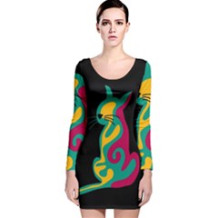 Colorful Abstract Cat  Long Sleeve Velvet Bodycon Dress by Valentinaart