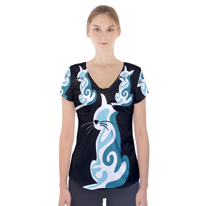 Blue abstract cat Short Sleeve Front Detail Top