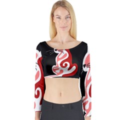 Red Abstract Cat Long Sleeve Crop Top by Valentinaart