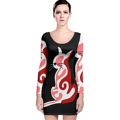 Red Abstract Cat Long Sleeve Velvet Bodycon Dress by Valentinaart