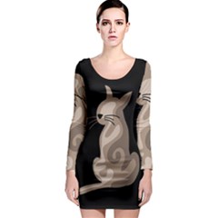 Brown Abstract Cat Long Sleeve Bodycon Dress by Valentinaart