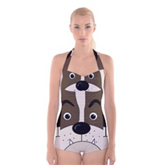 Bulldog Face Boyleg Halter Swimsuit 