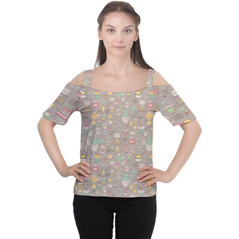 Tea Party Pattern Women s Cutout Shoulder Tee by kostolom3000shop