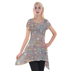 Tea Party Pattern Short Sleeve Side Drop Tunic