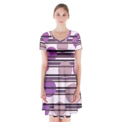 Purple Simple Pattern Short Sleeve V-neck Flare Dress