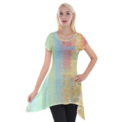 Unique Abstract In Green, Blue, Orange, Gold Short Sleeve Side Drop Tunic