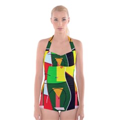 Abstract Lady Boyleg Halter Swimsuit 