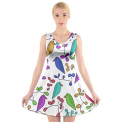 Birds And Flowers V-neck Sleeveless Skater Dress