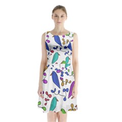 Birds And Flowers Sleeveless Chiffon Waist Tie Dress