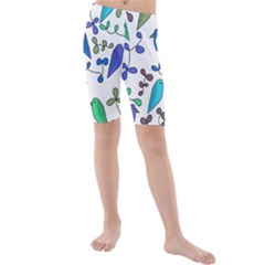 Birds And Flowers - Blue Kids  Mid Length Swim Shorts