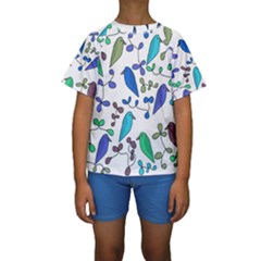 Birds And Flowers - Blue Kids  Short Sleeve Swimwear