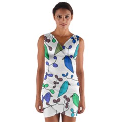 Birds And Flowers - Blue Wrap Front Bodycon Dress