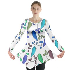 Birds And Flowers - Blue Long Sleeve Tunic 