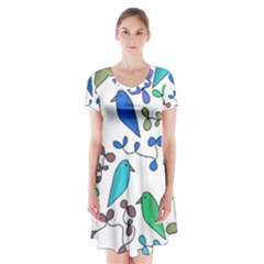 Birds And Flowers - Blue Short Sleeve V-neck Flare Dress