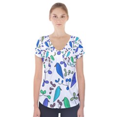 Birds And Flowers - Blue Short Sleeve Front Detail Top