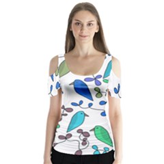 Birds And Flowers - Blue Butterfly Sleeve Cutout Tee 