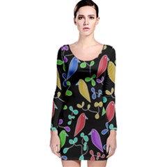 Birds And Flowers 2 Long Sleeve Velvet Bodycon Dress