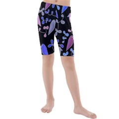 Flowers And Birds - Blue And Purple Kids  Mid Length Swim Shorts