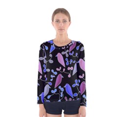 Flowers And Birds - Blue And Purple Women s Long Sleeve Tee