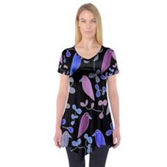 Flowers And Birds - Blue And Purple Short Sleeve Tunic 