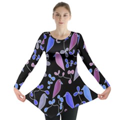 Flowers And Birds - Blue And Purple Long Sleeve Tunic 