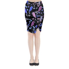 Flowers And Birds - Blue And Purple Midi Wrap Pencil Skirt