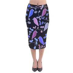 Flowers And Birds - Blue And Purple Velvet Midi Pencil Skirt by Valentinaart