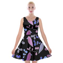 Flowers And Birds - Blue And Purple Velvet Skater Dress by Valentinaart