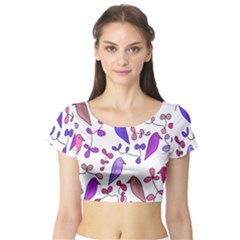 Flowers And Birds Pink Short Sleeve Crop Top (tight Fit)