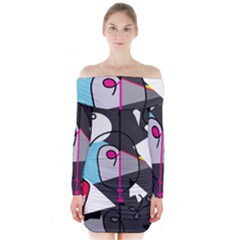 Abstract Bird Long Sleeve Off Shoulder Dress