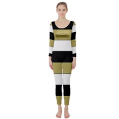 Black Brown Gold White Horizontal Stripes Elegant 8000 Sv Festive Stripe Long Sleeve Catsuit by yoursparklingshop