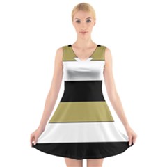 Black Brown Gold White Horizontal Stripes Elegant 8000 Sv Festive Stripe V-neck Sleeveless Skater Dress by yoursparklingshop